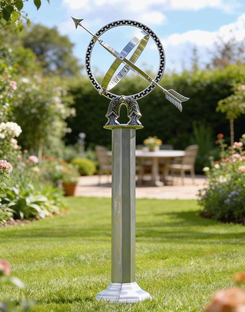 The 105cm Antique Silver Armillary with Column on a Garden Lawn with a Garden Furniture Set in the Background - Digital Illustration