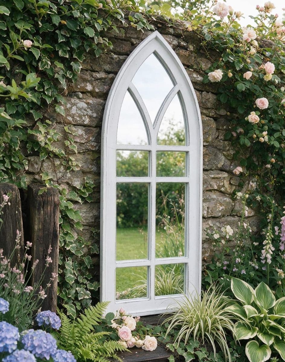 The 109cm White Arched Garden Mirror on a Garden Wall in a Rose Garden Setting - Digital Illustration 