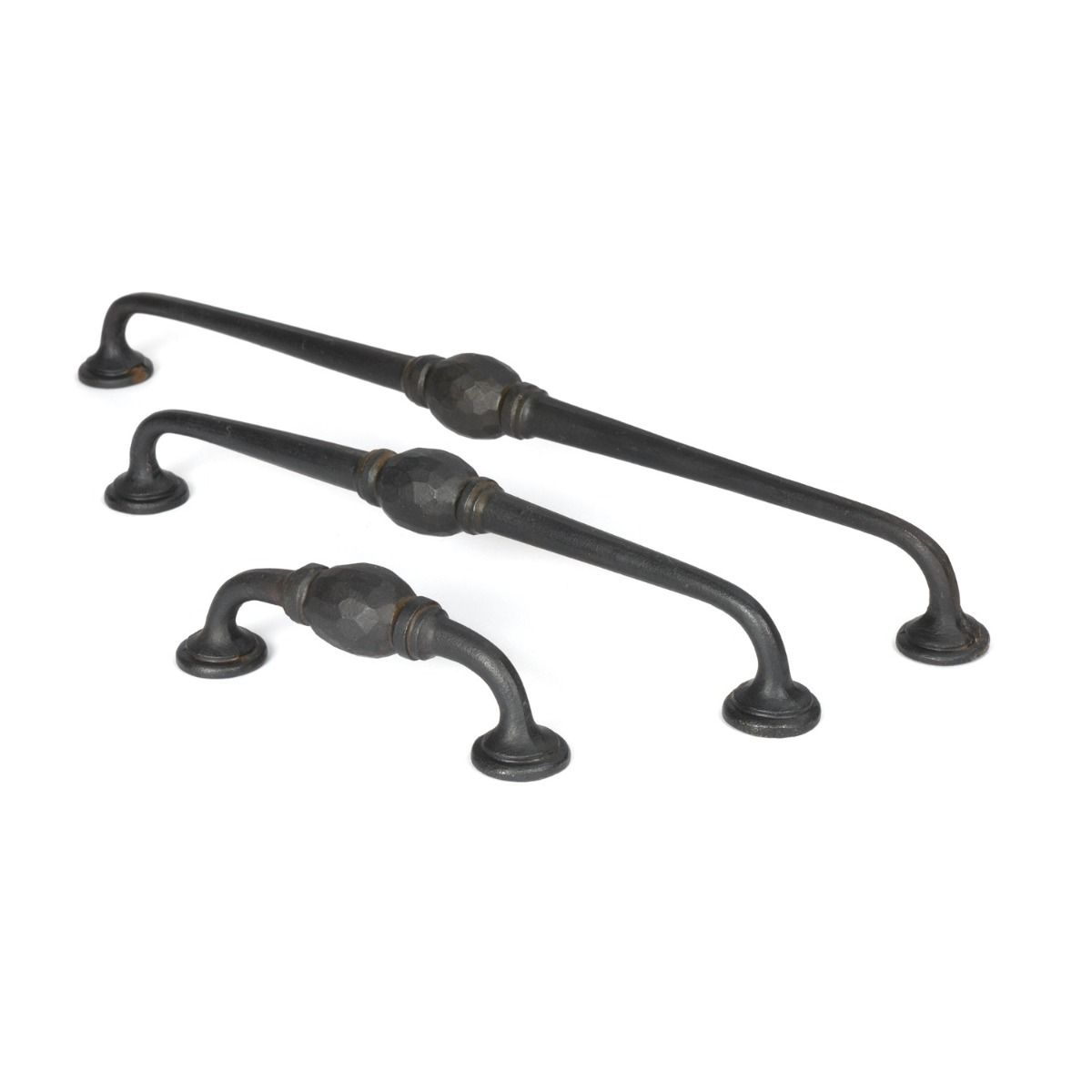 The 10" Hand-Hammered D Pull Handle in Black Shown Upright next to Other Sizes
