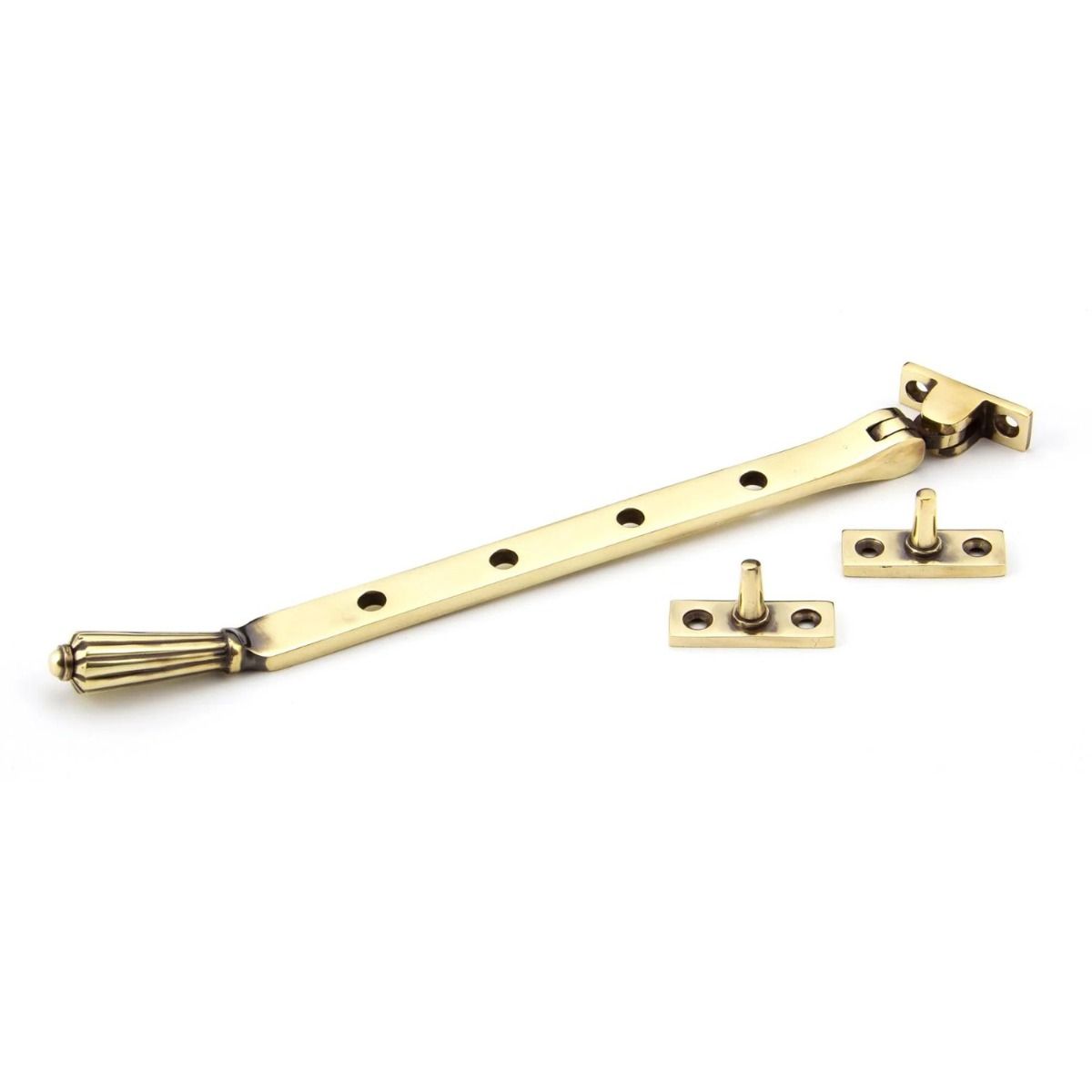 The 10 Inch Aged Brass Georgian Reeded Casement Window Stay on a White Background 