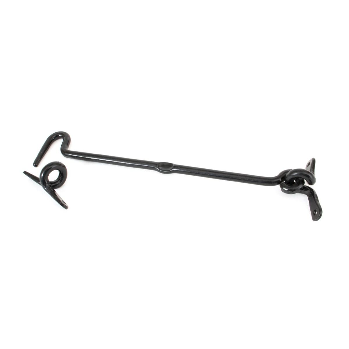 The 10 Inch Forged Iron Cabin Hook in a Black Finish on a White Background
