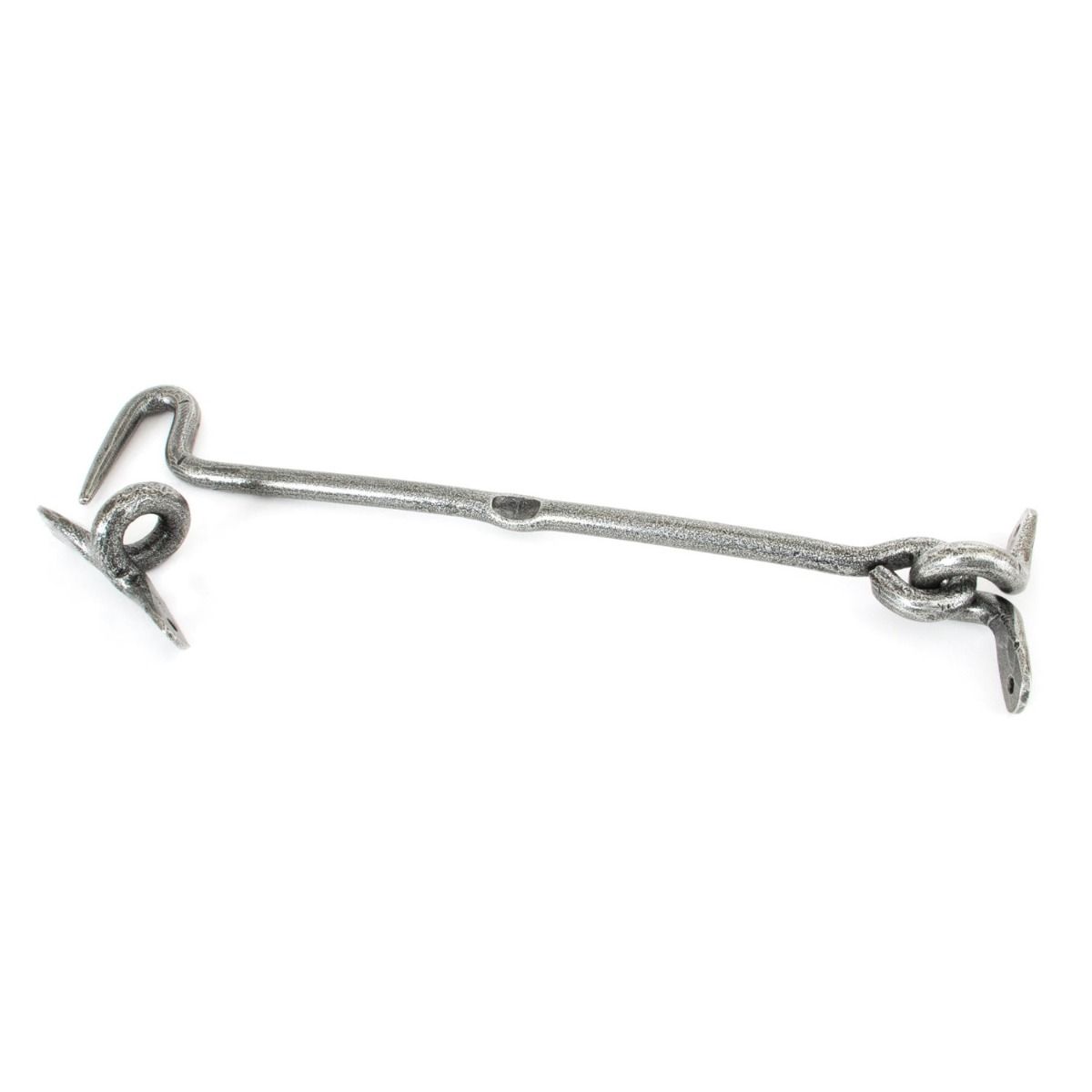 The 10 Inch Forged Iron Cabin Hook in a Pewter Finish on a White Background