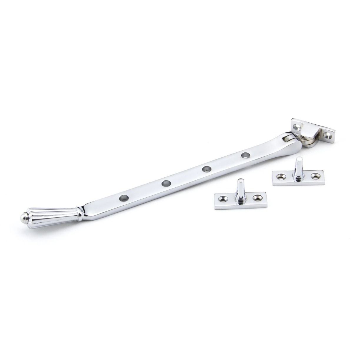 The 10 Inch Polished Chrome Georgian Reeded Casement Window Stay on a White Background