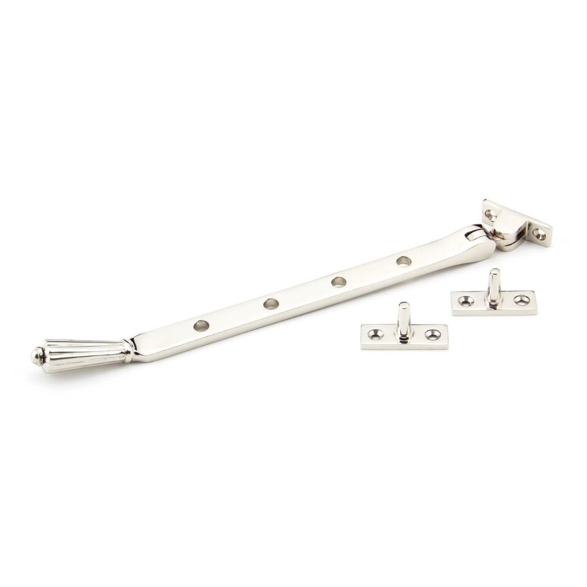 The 8 Inch Polished Nickel Georgian Reeded Casement Window Stay on a White Background 