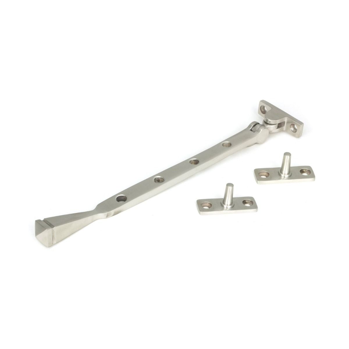 The 10 Inch Valen Casement Window Stay in Stainless Stainless Steel Shown with Stay Pins on a White Background