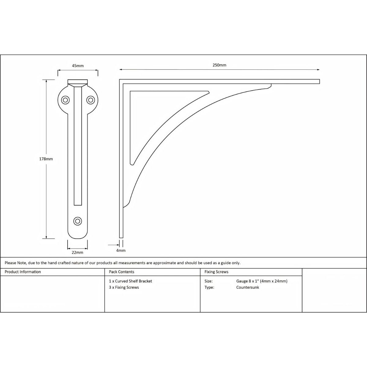 The 10"" x 7"" Arched Shelf Bracket Natural Smooth Finish Technical Drawings and Dimensions 