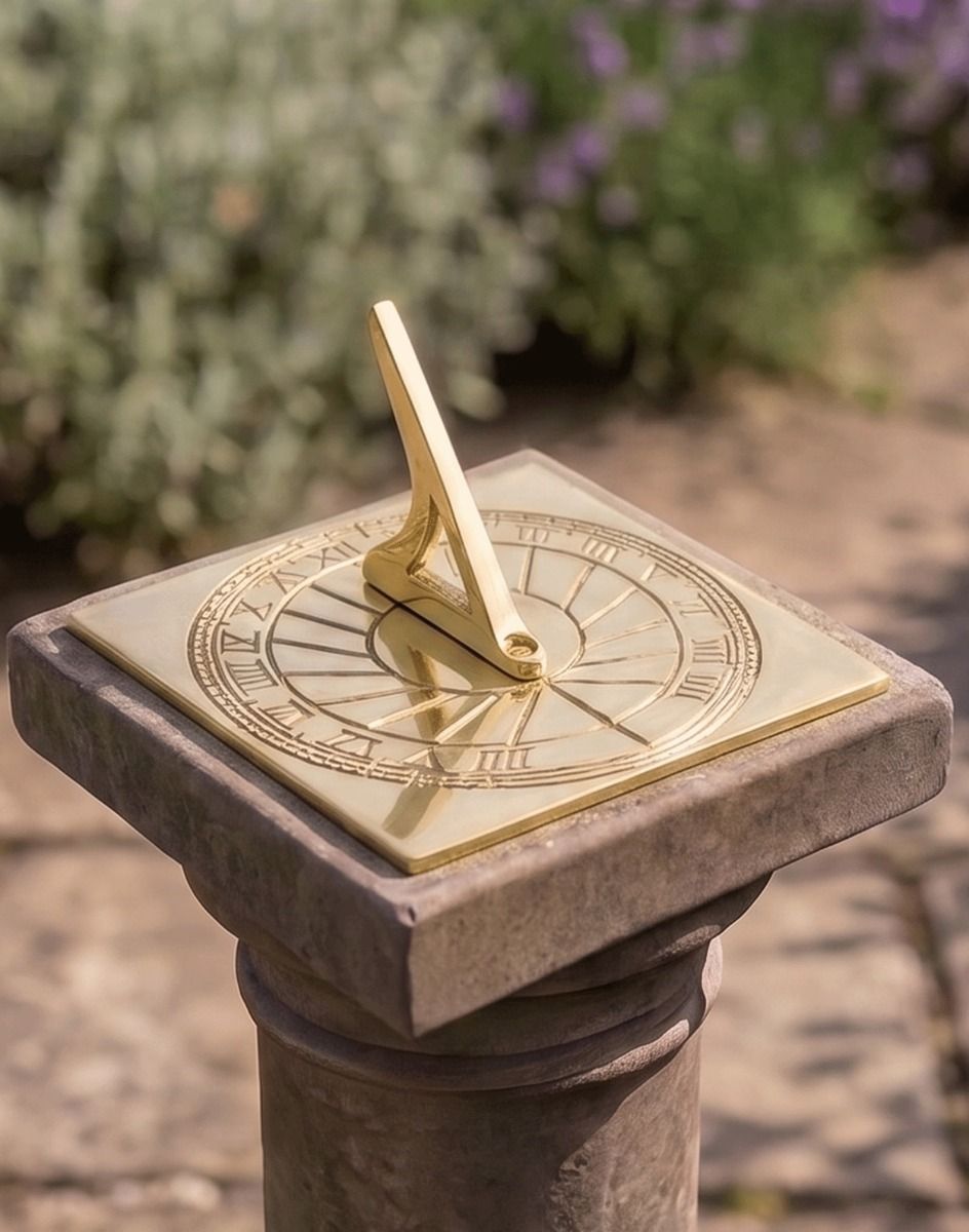 The 120mm Polished Brass "Rising Sun" Sundial Fitted onto a Stone Plinth in a Sunny Garden - Digital Illustration