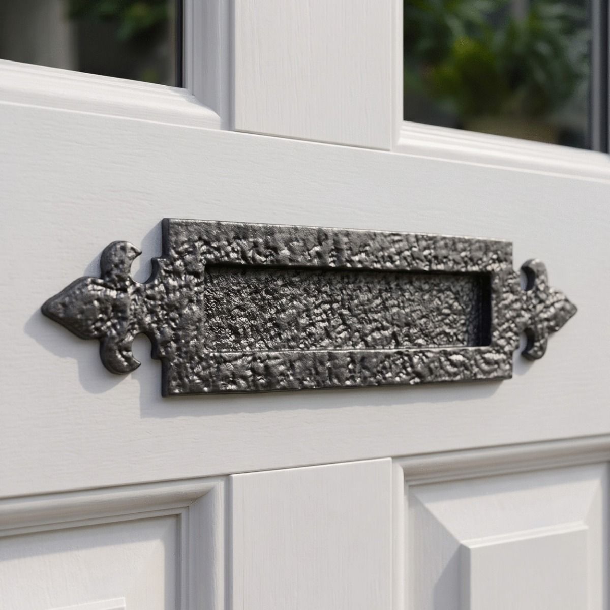 The 12" Antique Black Iron Fleur-De-Lys Inspired Door Letter Plate Fitted to a Light Grey Front Door to a Period Property - Digital Illustration