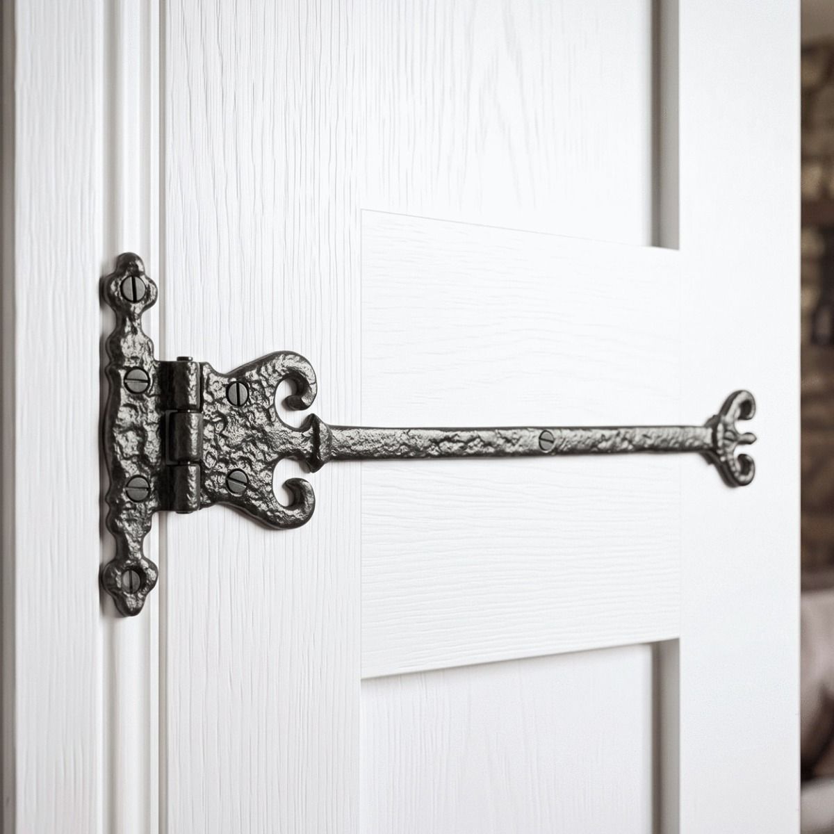 The 12" Stunning Ornate Door or Cabinet T-Hinge Fitted on a White Internal Door - Digital Illustration 