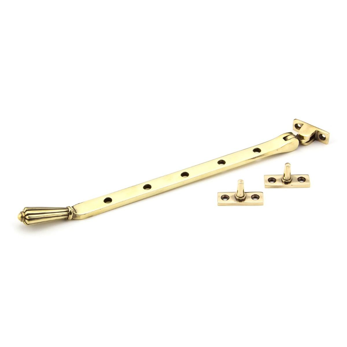 The 12 Inch Aged Brass Georgian Reeded Casement Window Stay on a White Background 