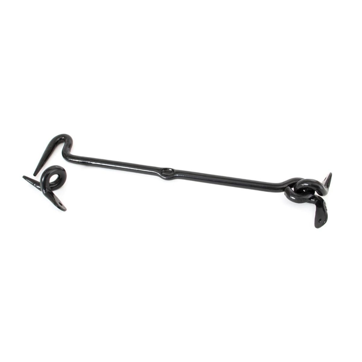 The 12 Inch Forged Iron Cabin Hook in a Black Finish on a White Background