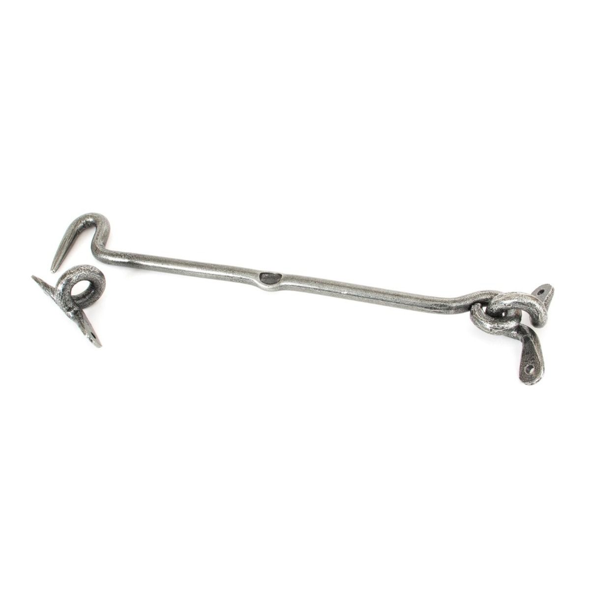 The 12 Inch Forged Iron Cabin Hook in a Pewter Finish on a White Background