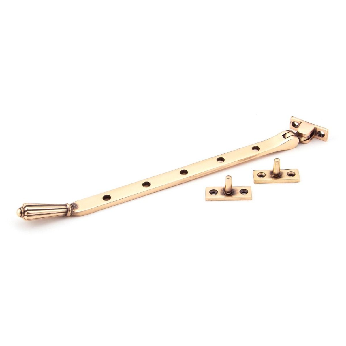 The 12 Inch Polished Bronze Georgian Reeded Casement Window Stay on a White Background 