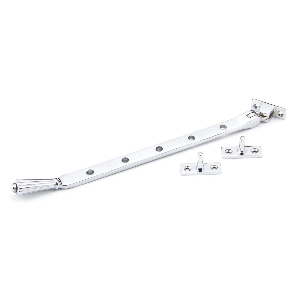 The 12 Inch Polished Chrome Georgian Reeded Casement Window Stay on a White Background