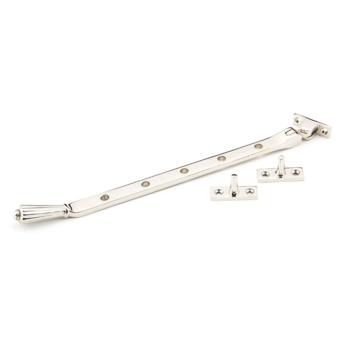 The 12 Inch Polished Nickel Georgian Reeded Casement Window Stay on a White Background 