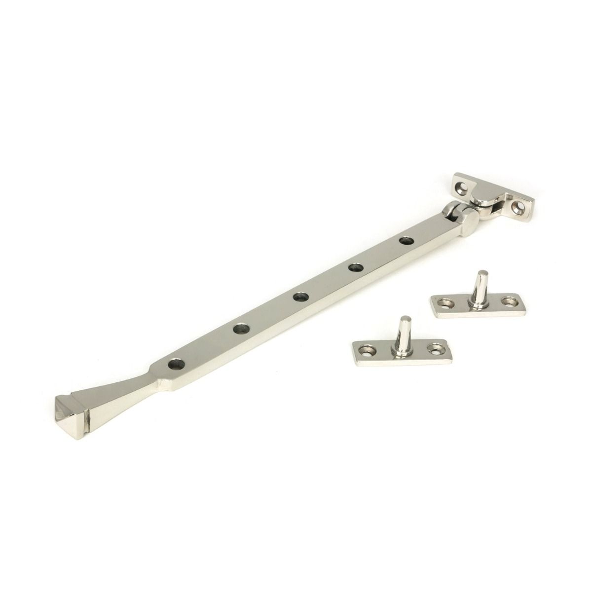 The 12 Inch Valen Casement Window Stay in Polished Stainless Steel Shown with Stay Pins on a White Background