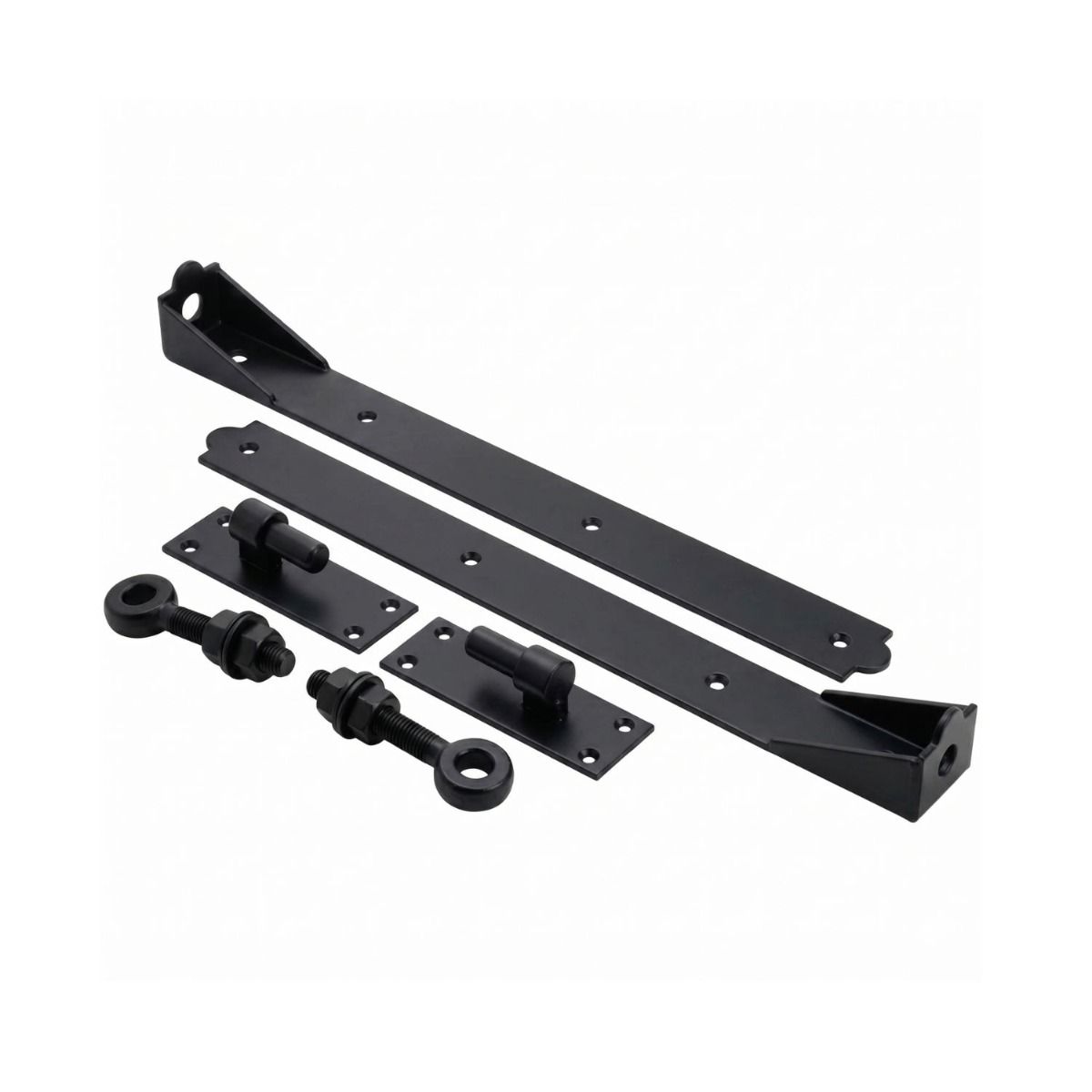 The 14 Inch Black Heavy-Duty Adjustable Hook and Band Hinge Kit - Driveway Gate Hinge Pair on a White Background