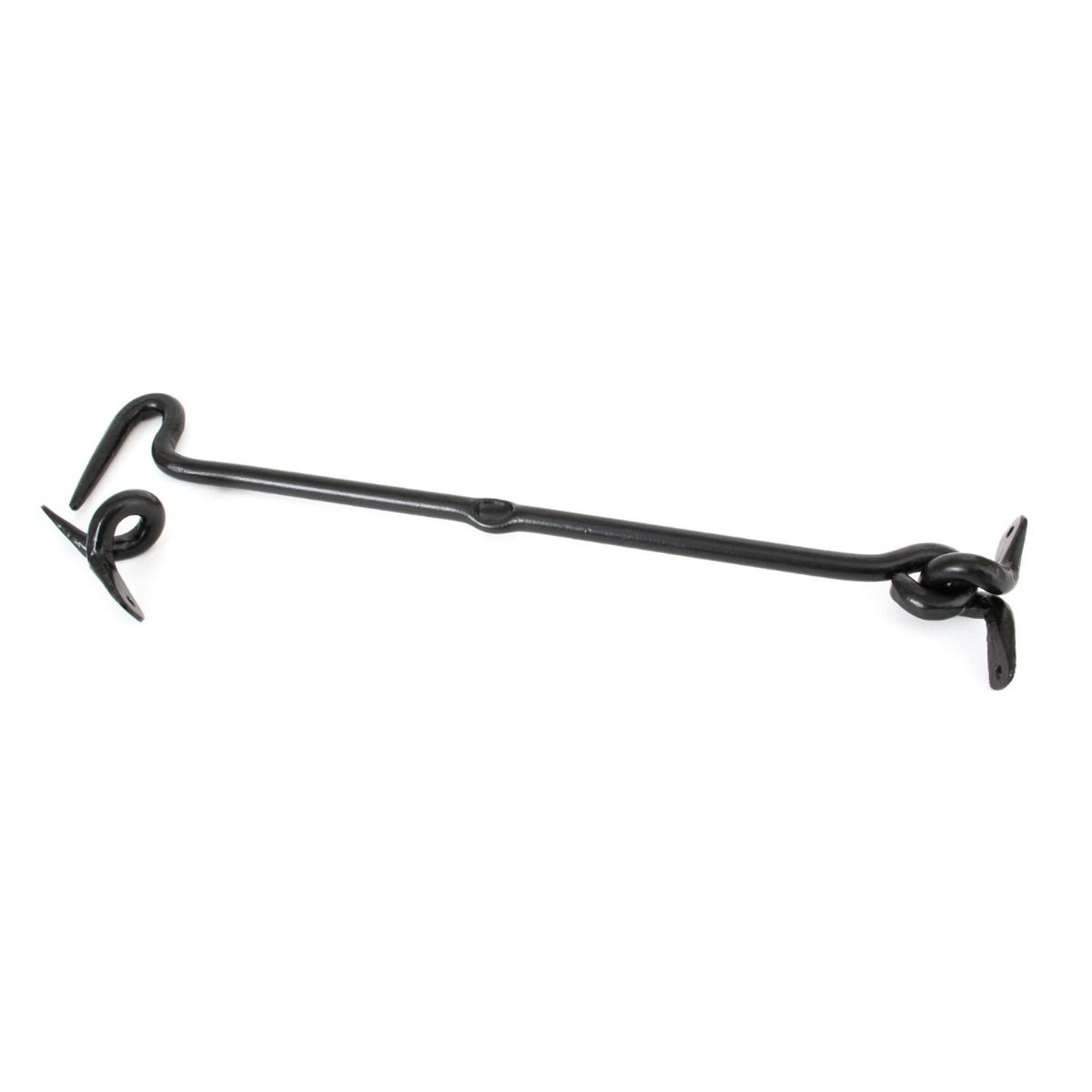 The 16 Inch Forged Iron Cabin Hook in a Black Finish on a White Background