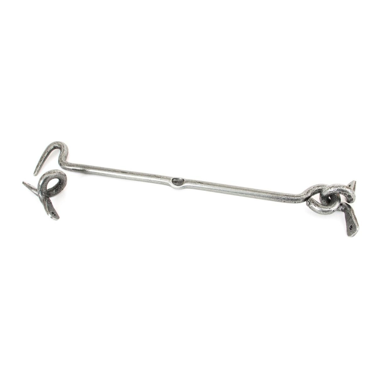 The 14 Inch Forged Iron Cabin Hook in a Pewter Finish on a White Background