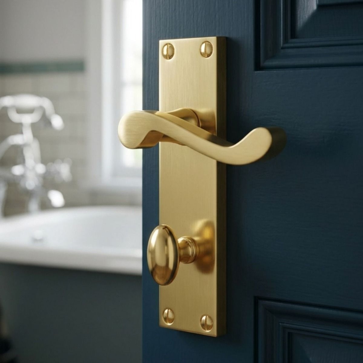 The 150mm Lever Victorian Scroll Bathroom Door Handle with Thumbturn Displayed on a Blue Door - Digital Illustration 