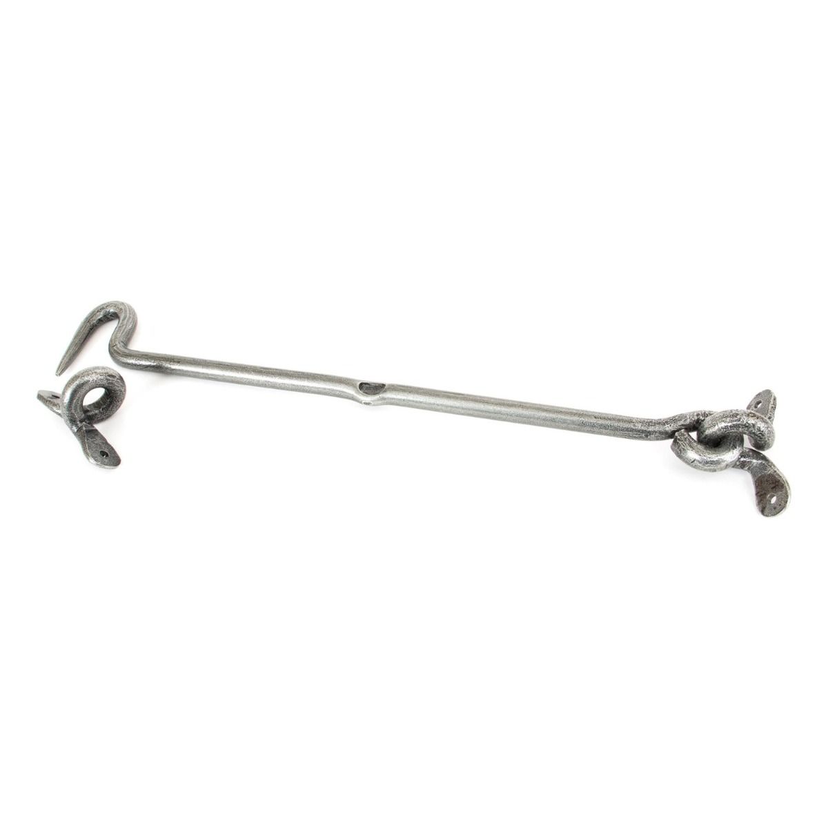 The 16 Inch Forged Iron Cabin Hook in a Pewter Finish on a White Background