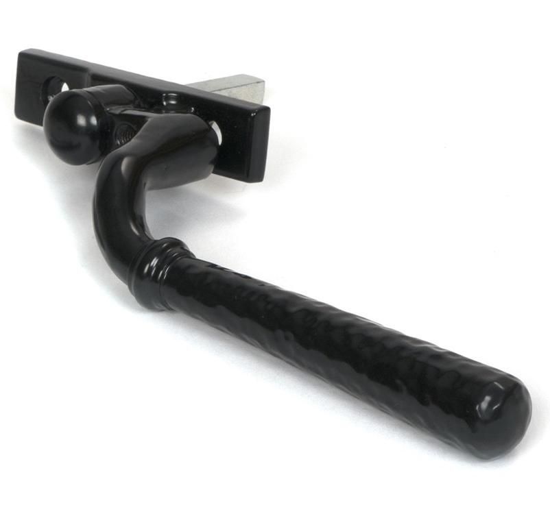 The 16mm Hammered Black Espagnolette Window Handle - Left Hand Version on a White Background Shown on its Side