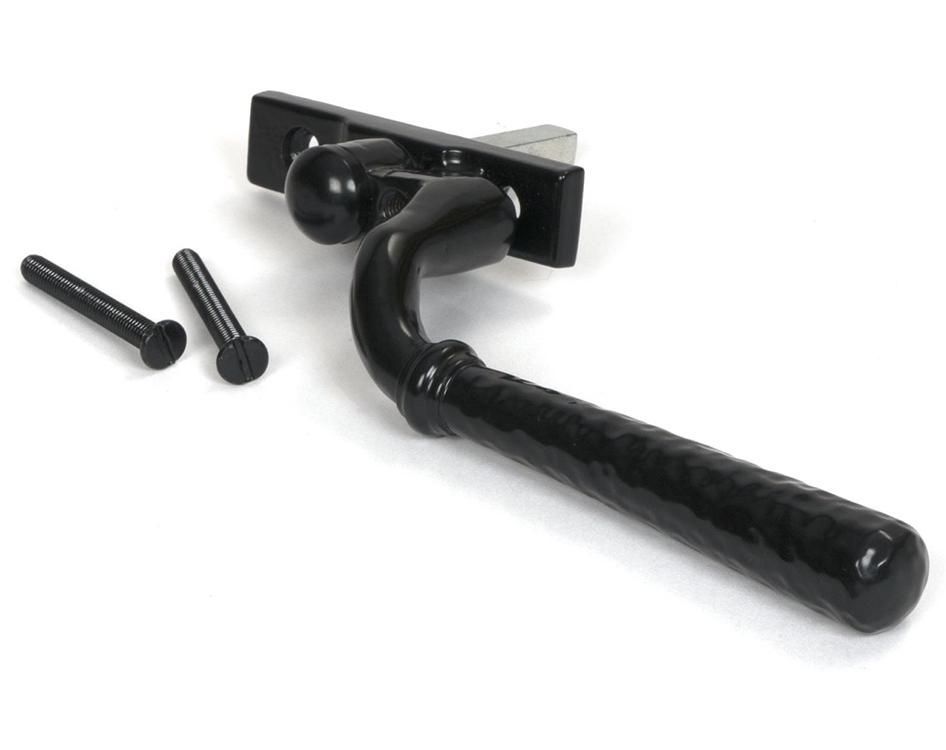 The 16mm Hammered Black Espagnolette Window Handle - Left Hand Version on a White Background Shown with the Screws