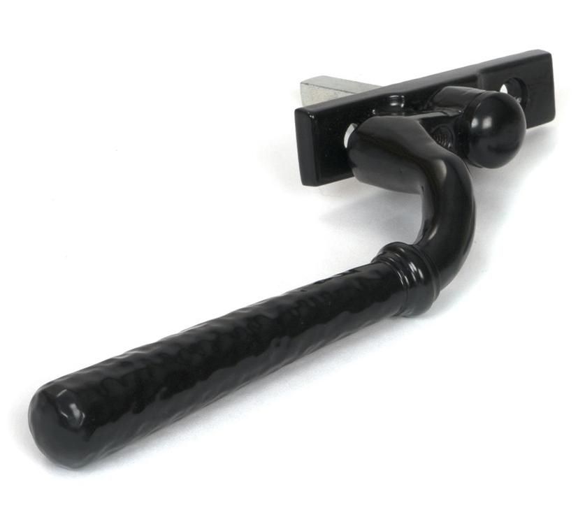 The 16mm Hammered Black Espagnolette Window Handle - Right Hand Version on a White Background Shown on its Side