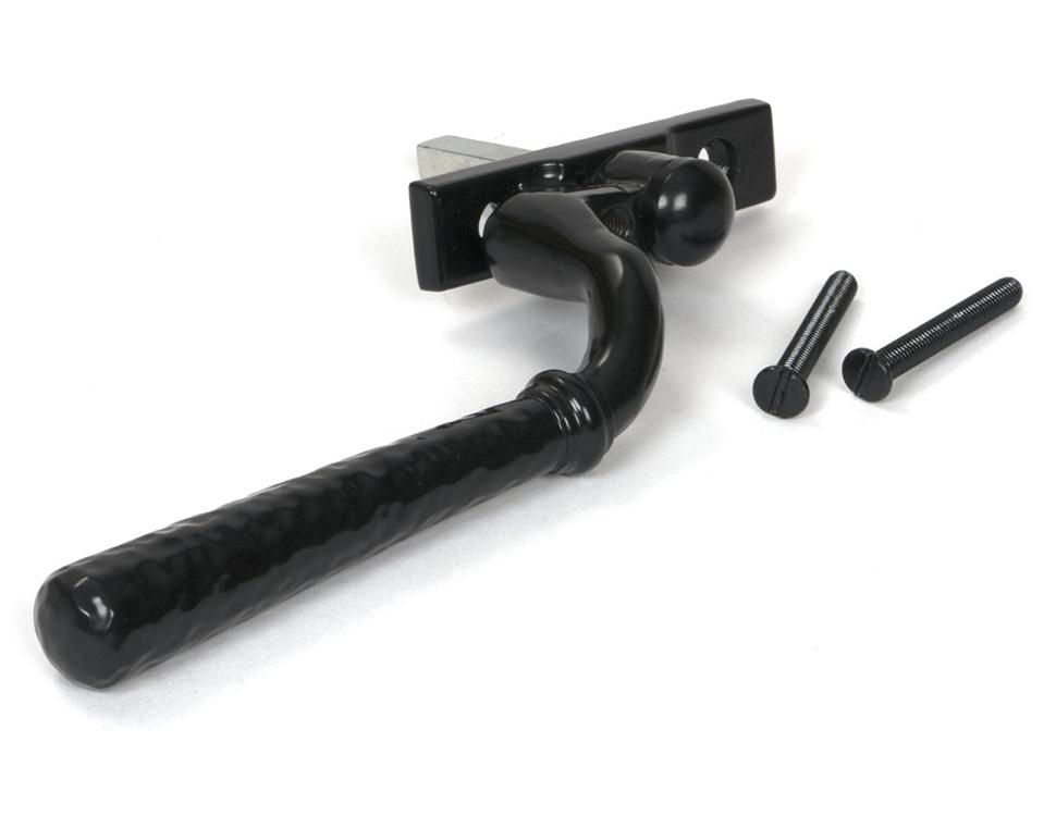 The 16mm Hammered Black Espagnolette Window Handle - Right Hand Version on a White Background Shown with the Screws