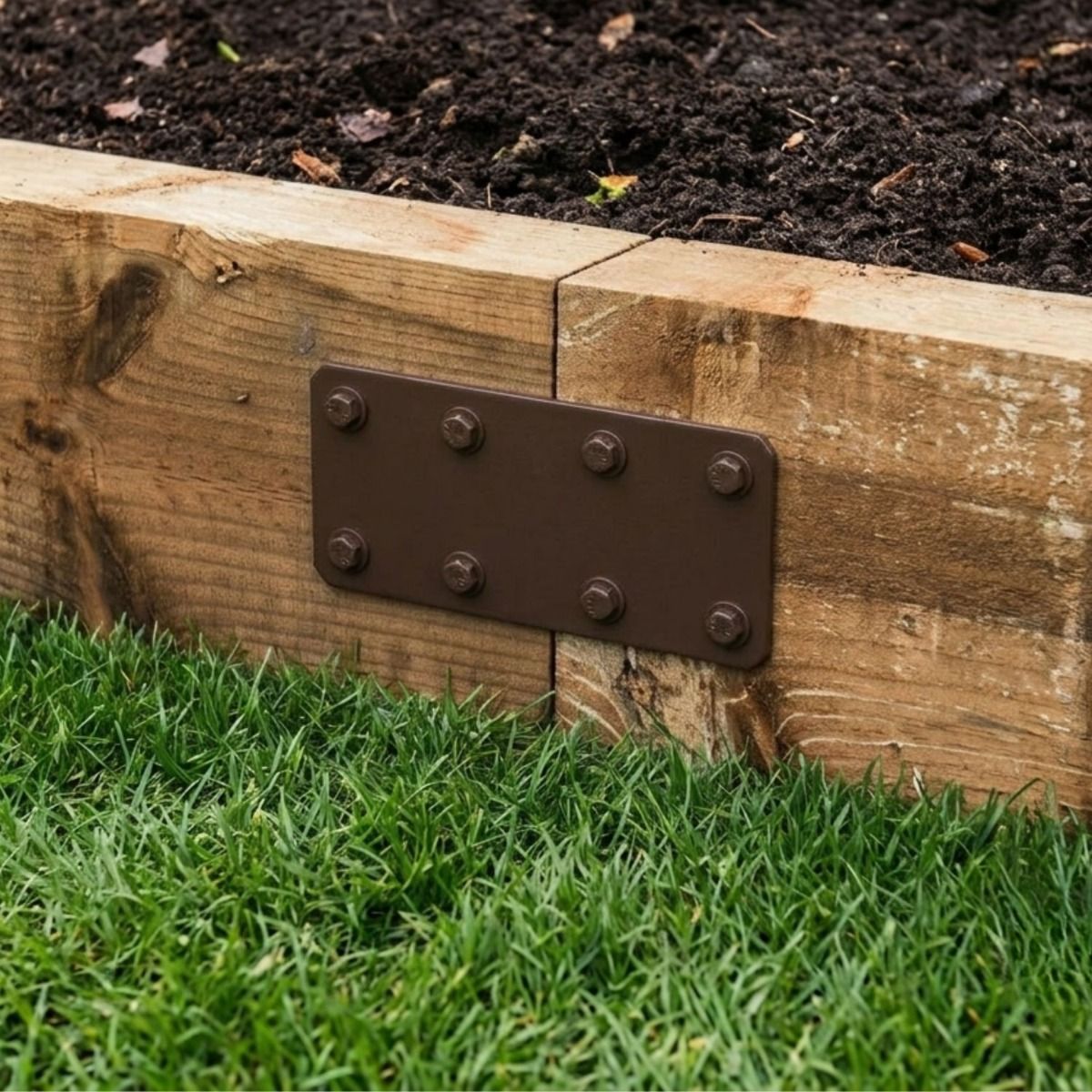 The 170mm Brown Railway Sleeper Straight Joining Plate on a Raised Garden Flower Bed - Digital Illustration