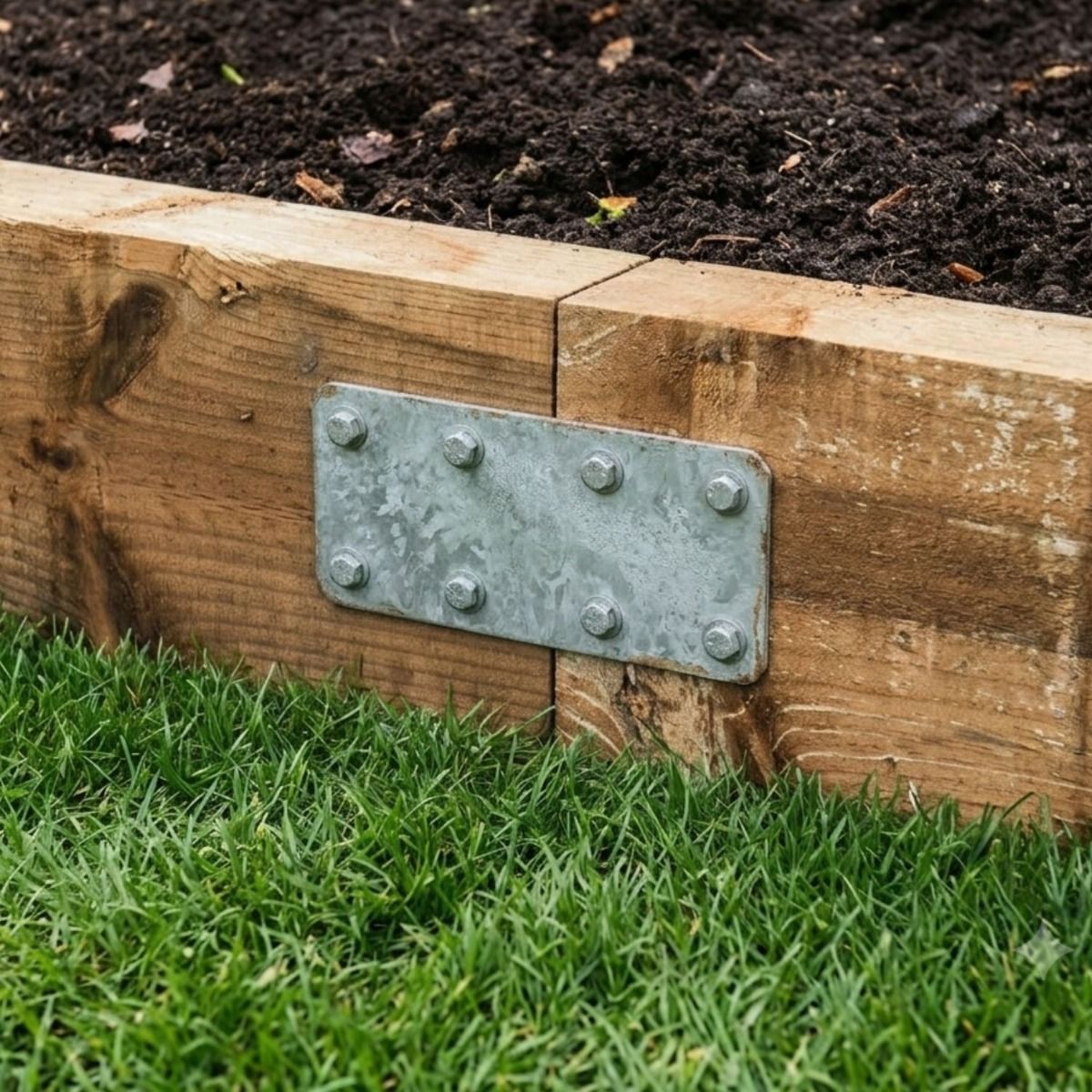 The 170mm Pre-Galvanised Railway Sleeper Straight Joining Plate Fitted on a Raised Garden Bed - Digital Illustration