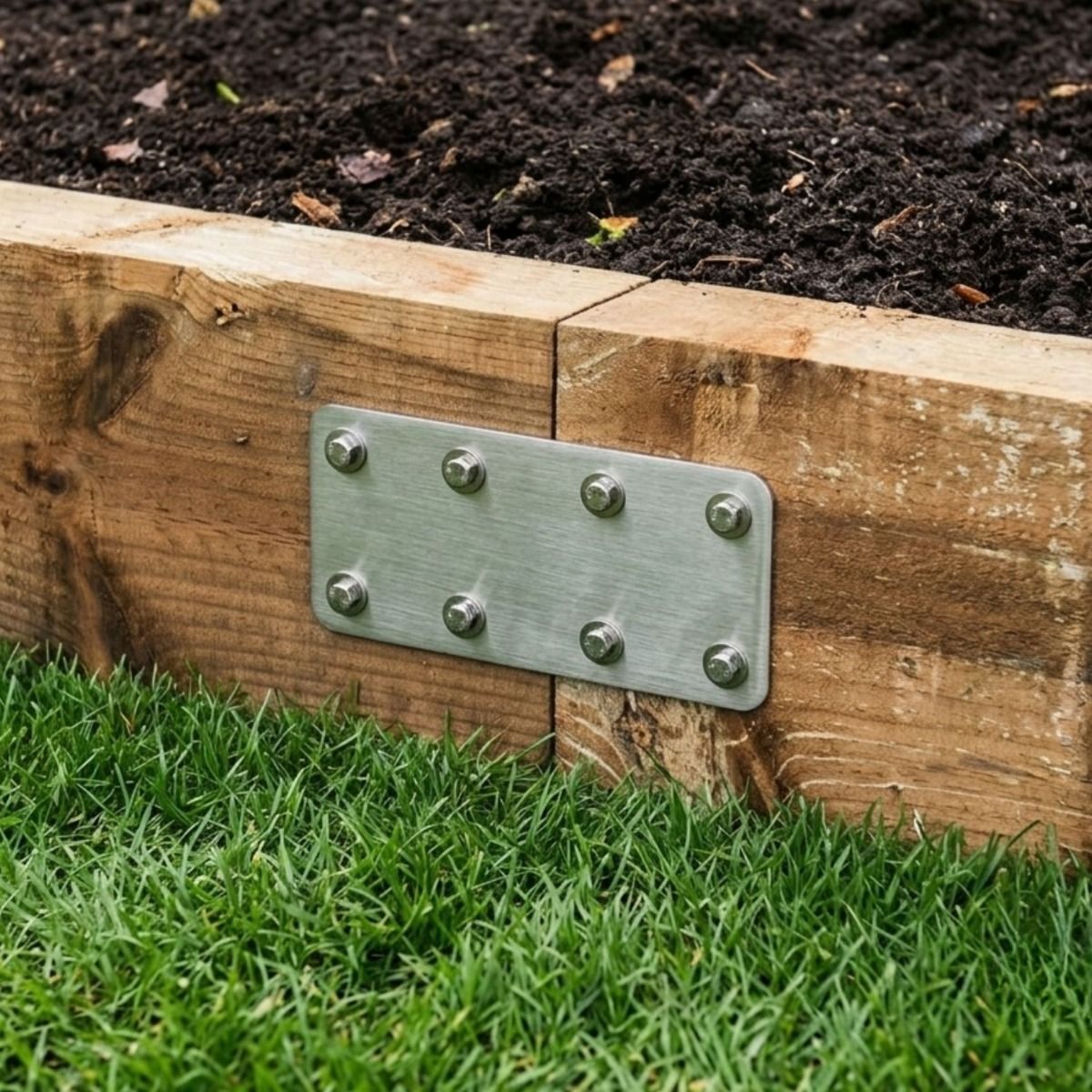 The 170mm Stainless Steel Railway Sleeper Straight Joining Plate on a Raised Garden Planter - Digital Illustration