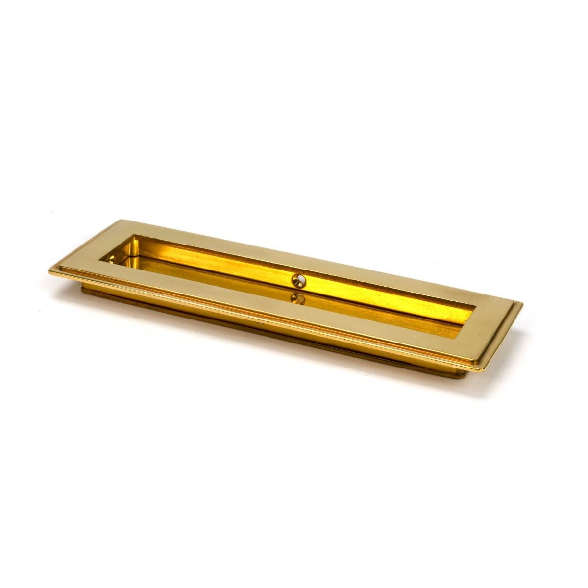 The 175mm Art Deco Rectangular Flush Pull Handle in Polished Brass Shown on its Side on a White Background