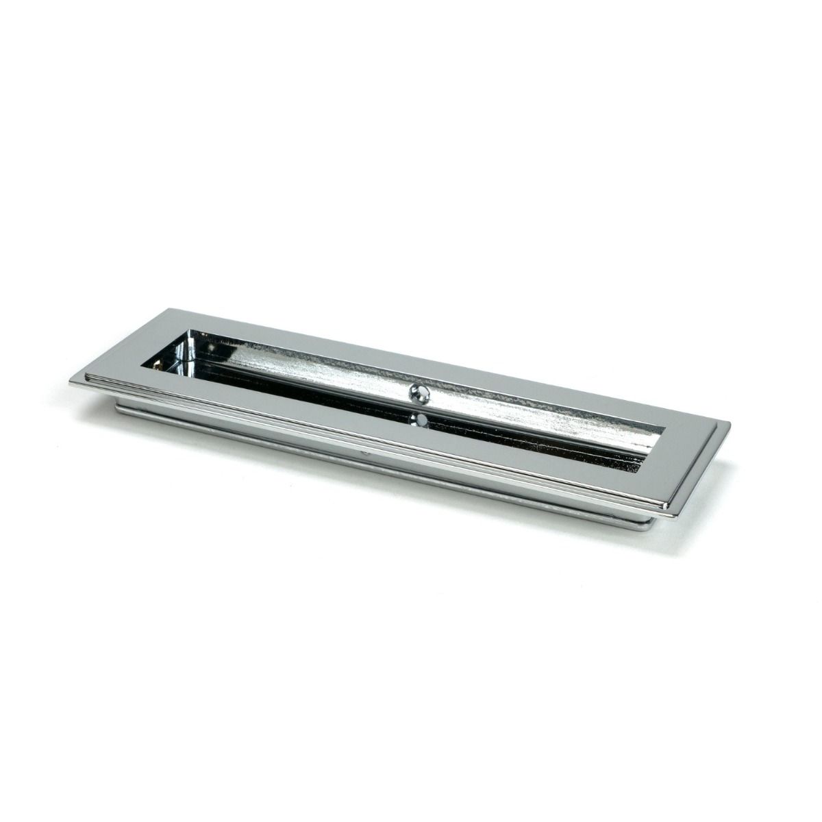 The 175mm Art Deco Rectangular Flush Pull Handle in Polished Chrome Shown at an Angle on a White Background