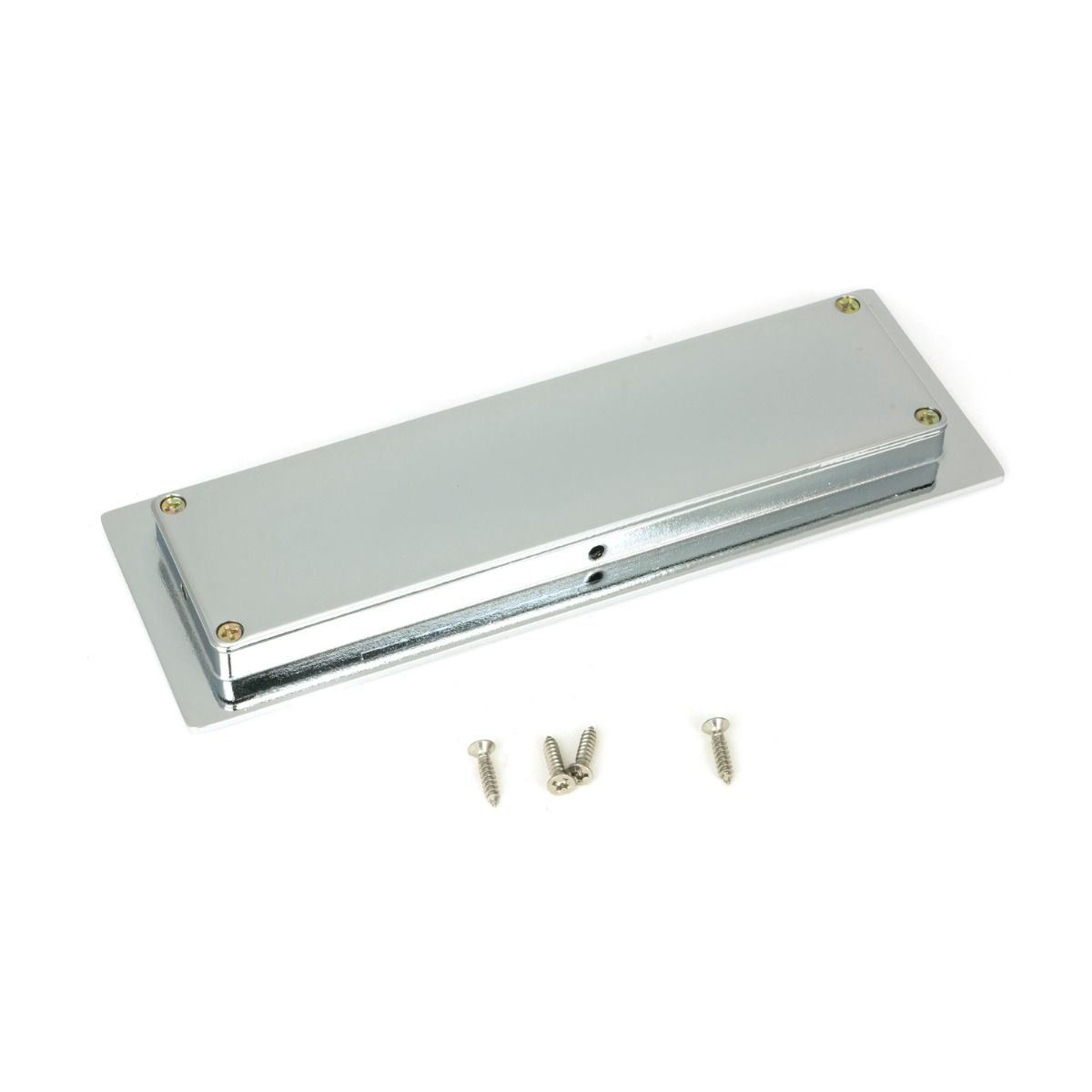 The 175mm Art Deco Rectangular Flush Pull Handle in Polished Chrome Shown from behind on a White Background with Supplied Fitting Screws