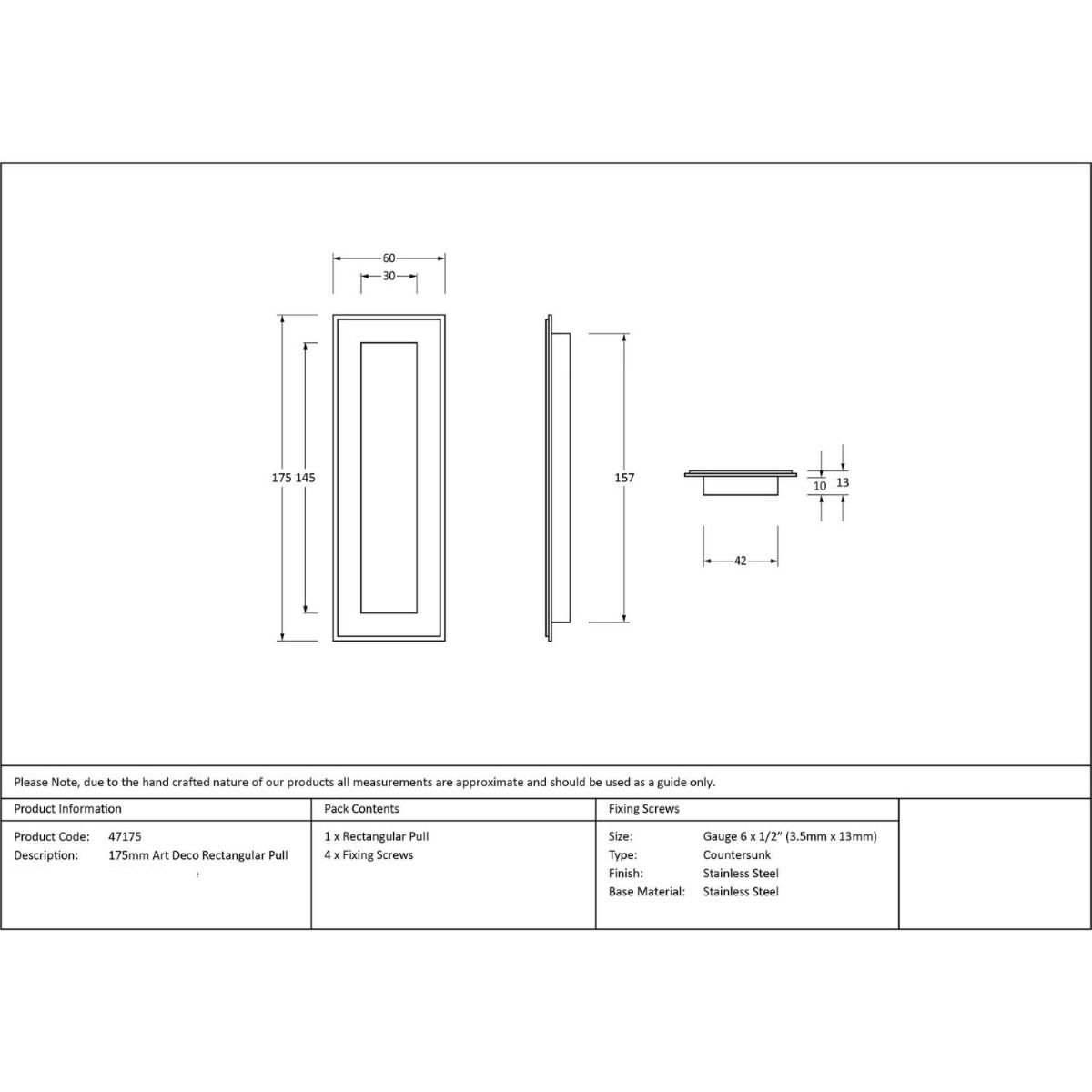 The 175mm Art Deco Rectangular Flush Pull Handle Technical Drawings and Dimensions