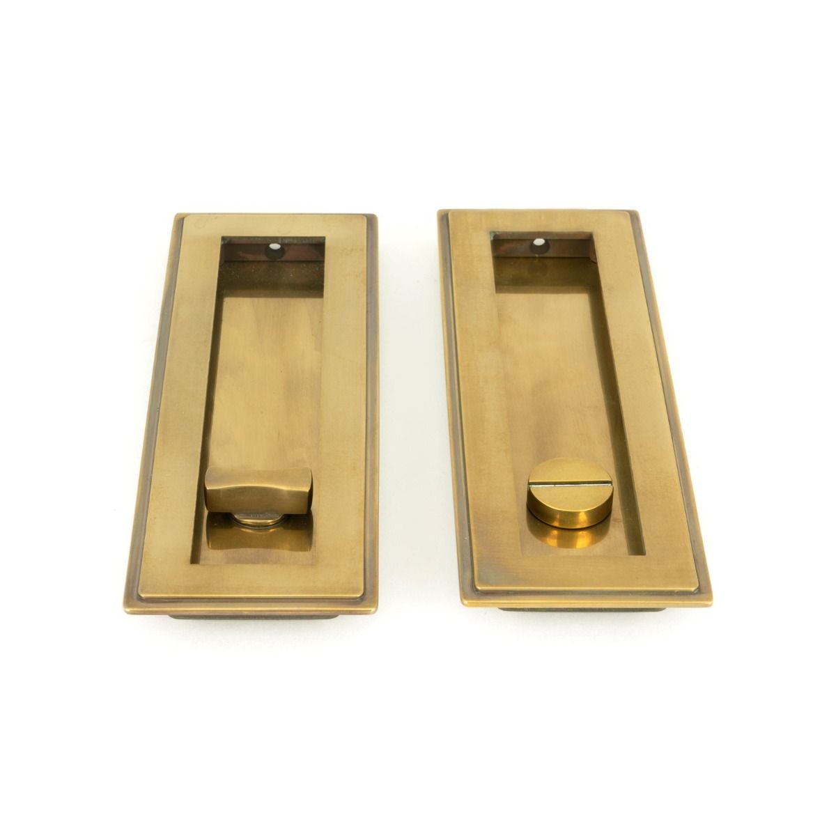 The 175mm Art Deco Rectangular Sliding Pocket Door Privacy Set in Aged Brass Showing the Front and Back Section Side by Side