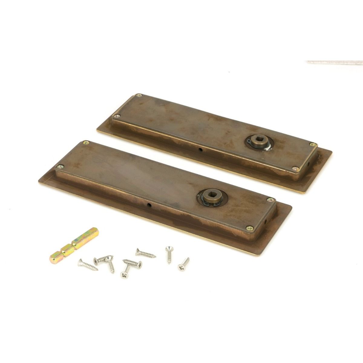 The 175mm Art Deco Rectangular Sliding Pocket Door Privacy Set in Aged Brass Shown from Behind with Supplied Screws and Spindle