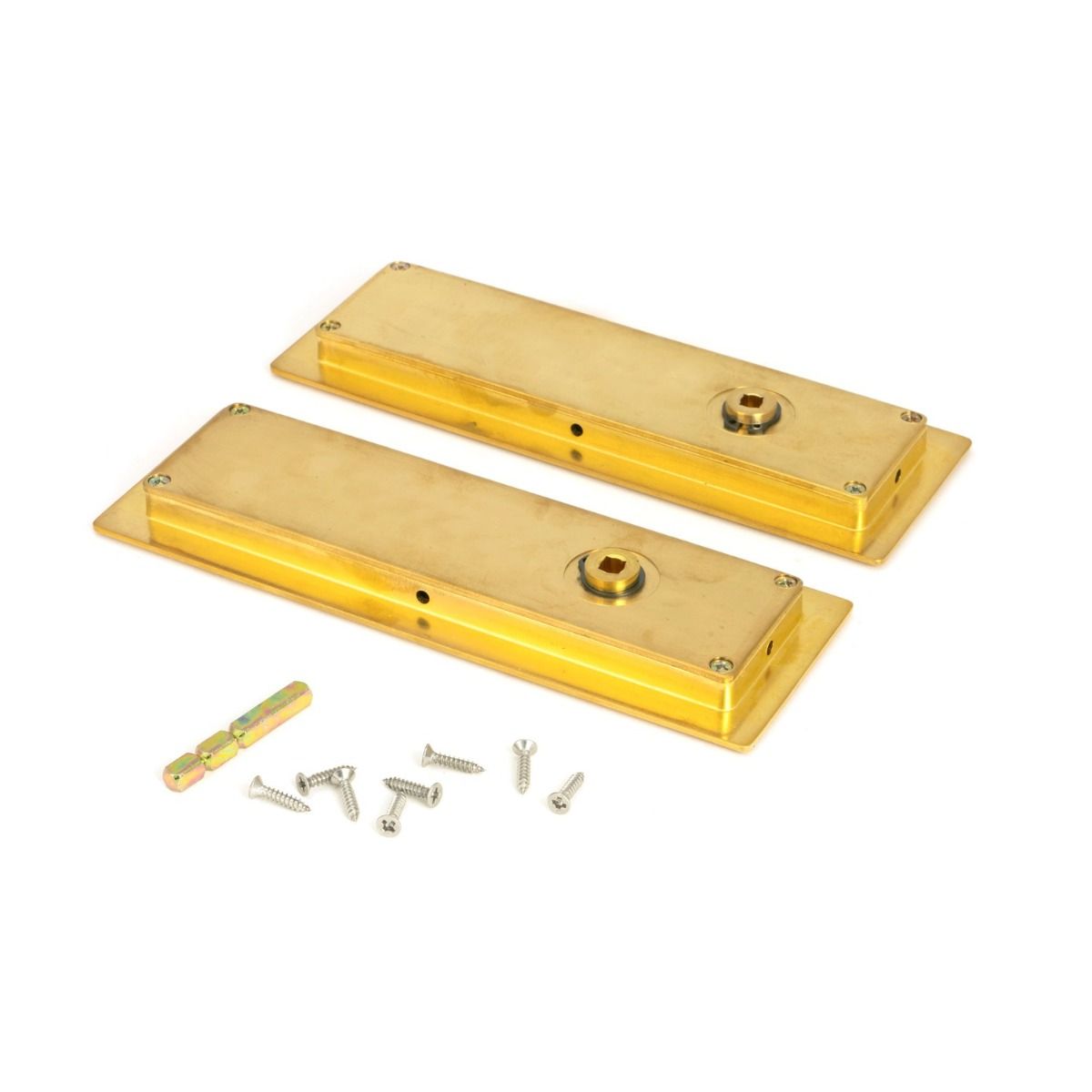 The 175mm Art Deco Rectangular Sliding Pocket Door Privacy Set in Polished Brass Shown from behind with all components