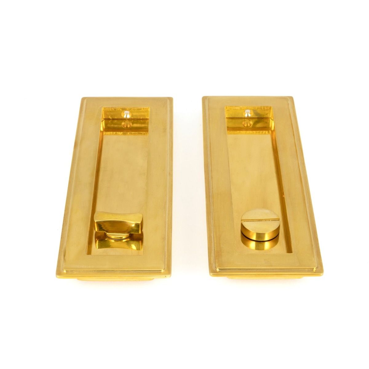 The 175mm Art Deco Rectangular Sliding Pocket Door Privacy Set in Polished Brass Shown laying on a White Background
