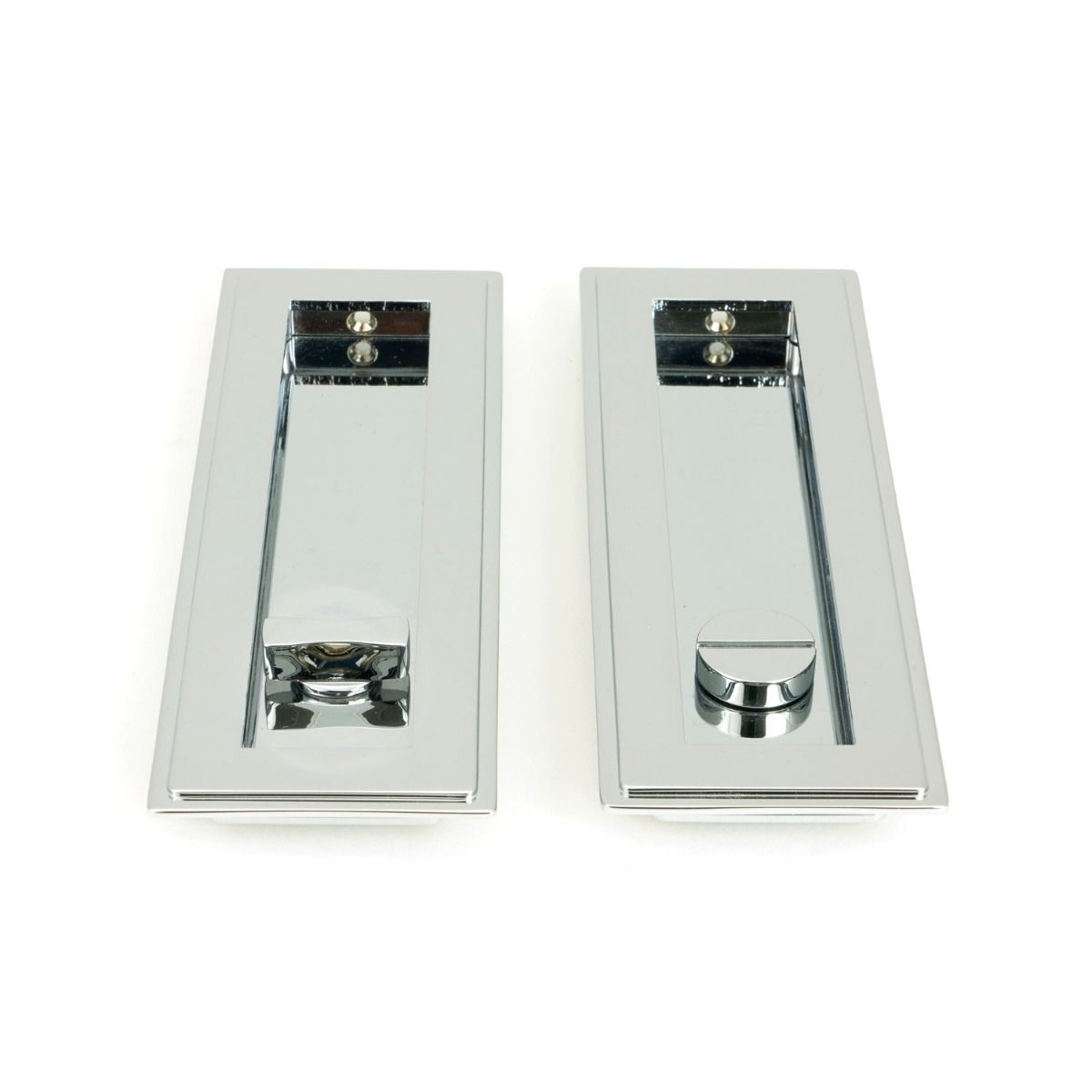 The 175mm Art Deco Rectangular Sliding Pocket Door Privacy Set in Polished Chrome Showing the Front and Rear Section Next to Each Other