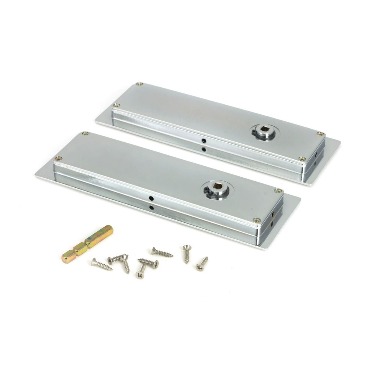 The 175mm Art Deco Rectangular Sliding Pocket Door Privacy Set in Polished Chrome Showing the Handles from Behind with Supplied Spindle and Screws