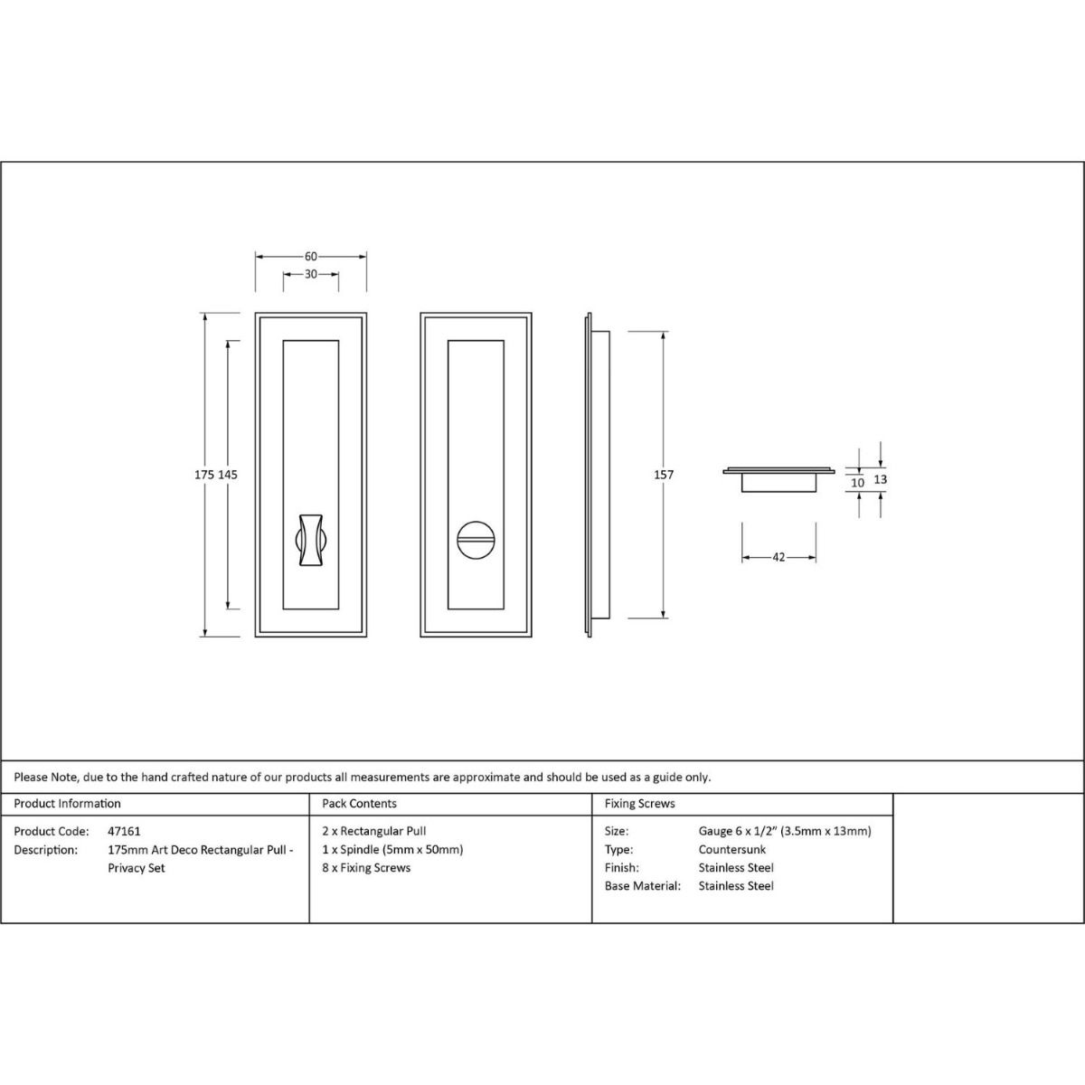 The 175mm Art Deco Rectangular Sliding Pocket Door Privacy Set Technical Drawings and Dimensions