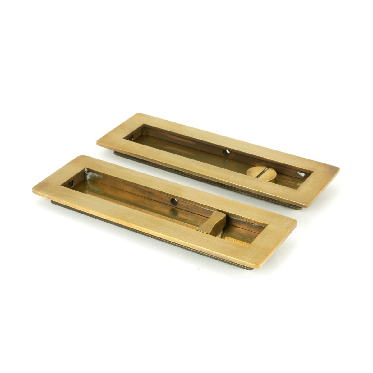 The 175mm Classic Rectangular Sliding Pocket Door Privacy Set in Aged Brass Showing the Front and Back Section from an Angle