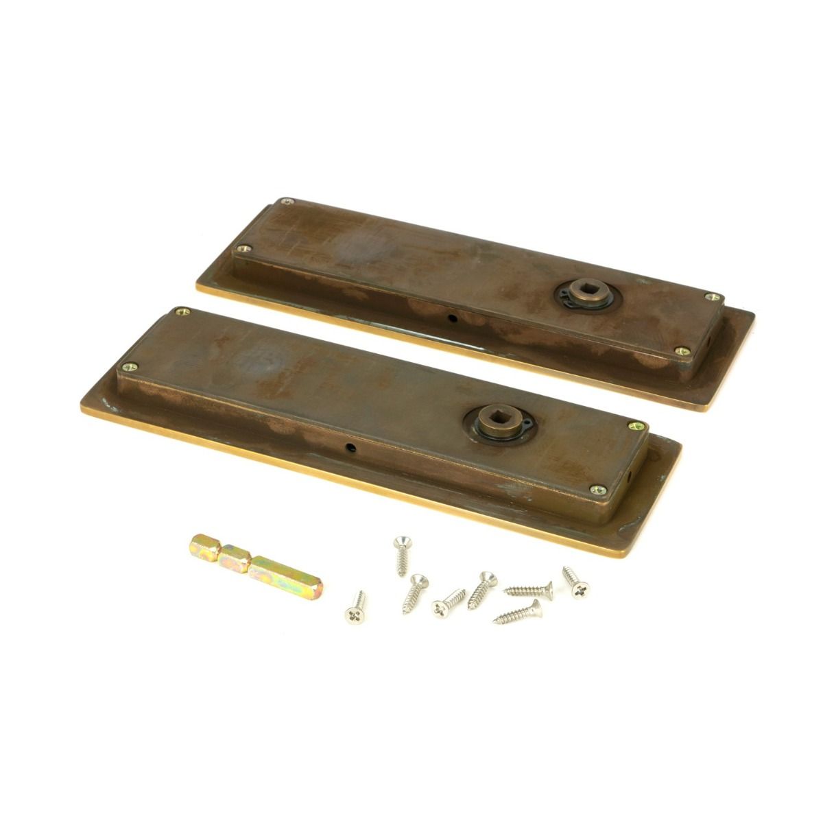 The 175mm Classic Rectangular Sliding Pocket Door Privacy Set in Aged Brass Shown from Behind with Supplied Screws and Spindle