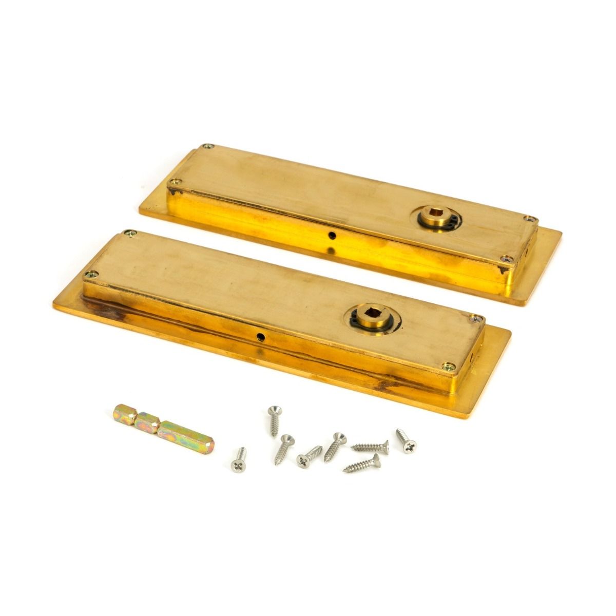 The 175mm Classic Rectangular Sliding Pocket Door Privacy Set in Polished Brass Shown from behind with all components