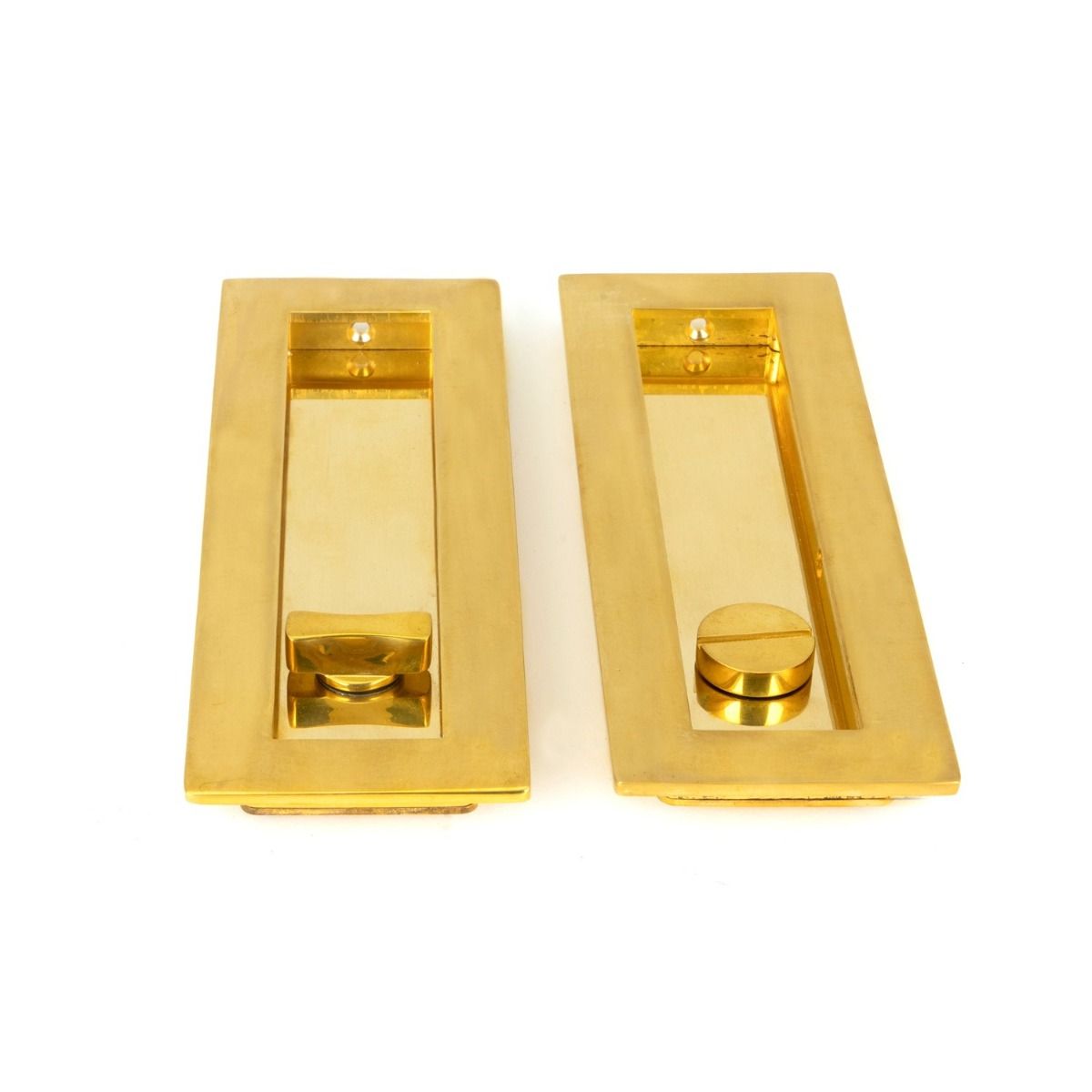 The 175mm Classic Rectangular Sliding Pocket Door Privacy Set in Polished Brass Shown laying on a White Background