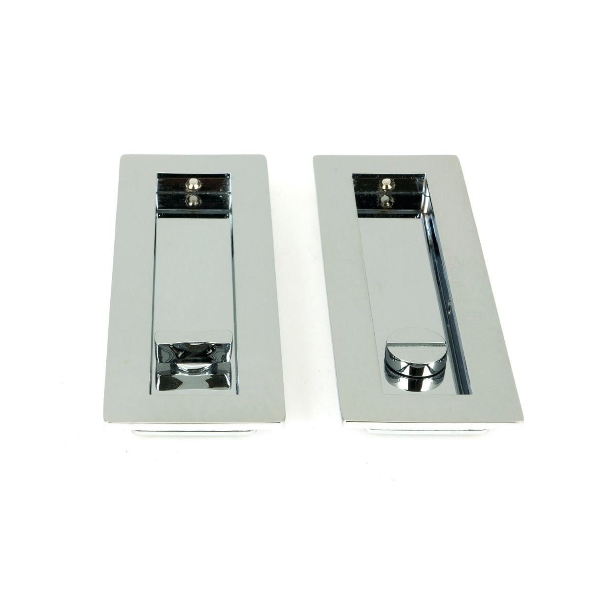 The 175mm Classic Rectangular Sliding Pocket Door Privacy Set in Polished Chrome Showing the Front and Rear Section Next to Each Other