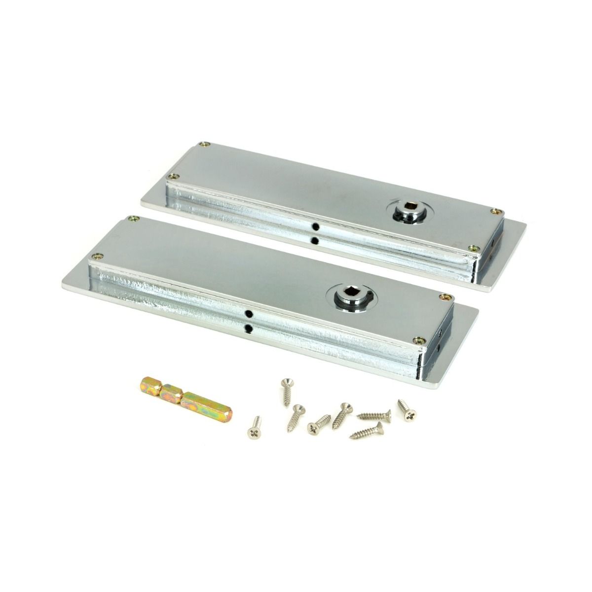 The 175mm Classic Rectangular Sliding Pocket Door Privacy Set in Polished Chrome Shown from Behind with Supplied Spindle and Screws