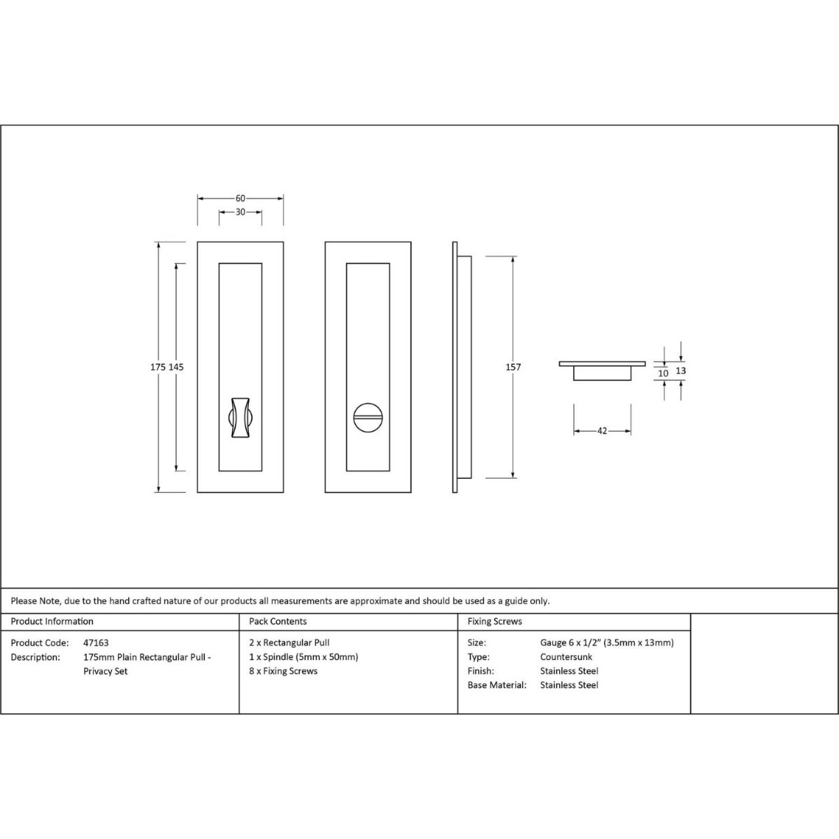 The 175mm Classic Rectangular Sliding Pocket Door Privacy Set Technical Drawings and Dimensions